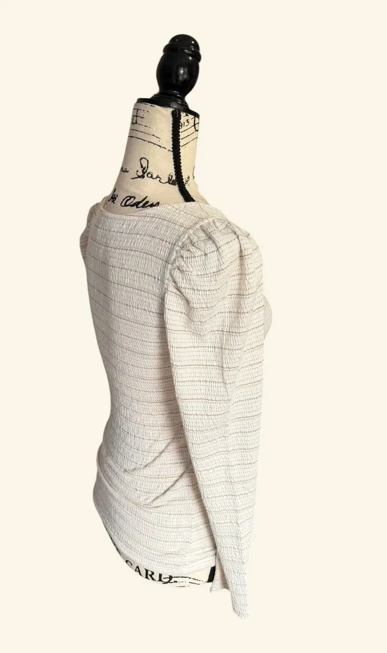 NWT LOFT Sparkle Puff Sleeve Square Neck Top Cream Gold Metallic Striped XS
